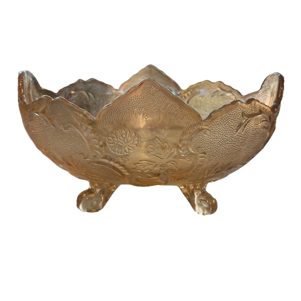 Vintage Jeannette Lombardi Carnival Fruit Bowl Marigold Footed Iridescent 10"